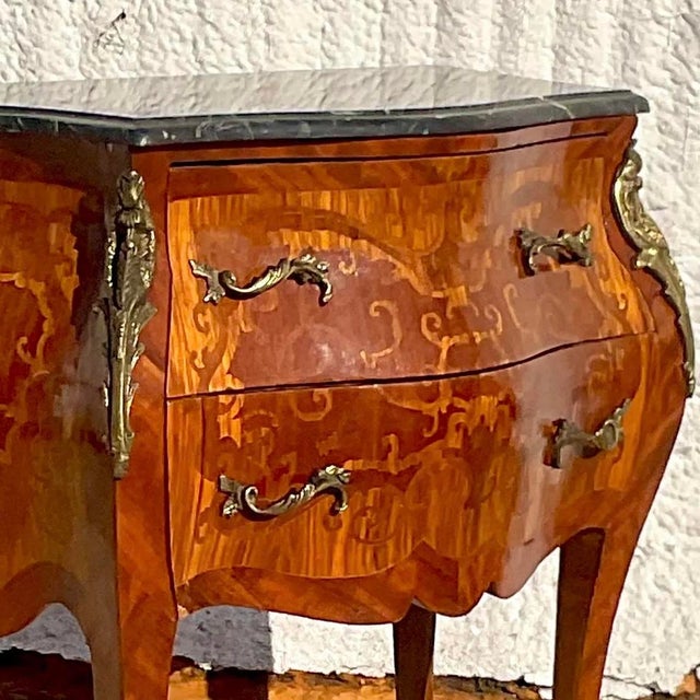 Vintage Regency Marble Top Marquetry Bombe Chest For Sale - Image 10 of 12