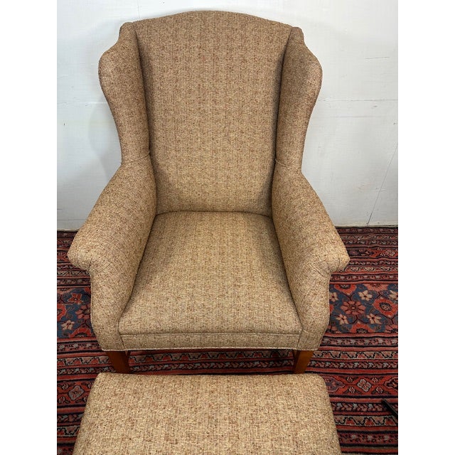 Vintage Transitional Wing Chair With Ottoman Upholstered in an Attractive Woven Fabric For Sale - Image 4 of 9