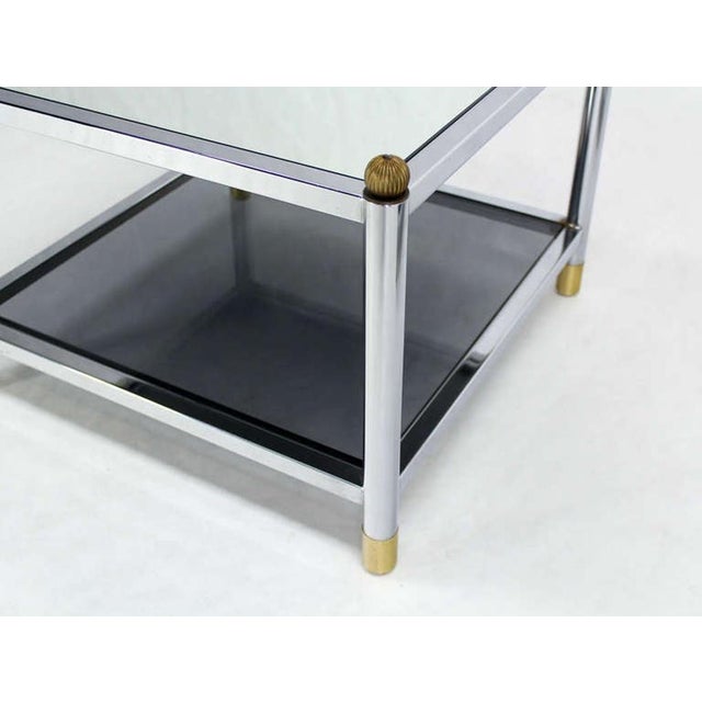 Pair Square Chrome & Brass Smoked Glass Shelf Mirrored Top End Side Tables MINT! For Sale - Image 6 of 9