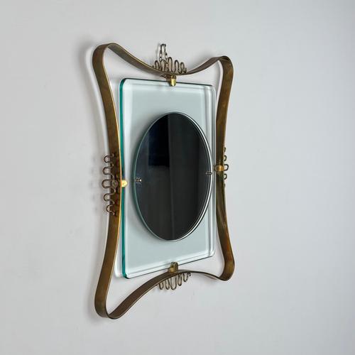 Brass and Blue Glass Wall Mirror attributed to Gio Ponti for Fontana Arte, 1950s For Sale - Image 3 of 12