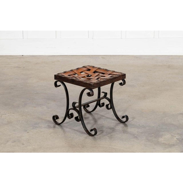 Mid-Century Spanish Brutalist Wrought Iron and Leather Stool, 1960s For Sale - Image 6 of 14
