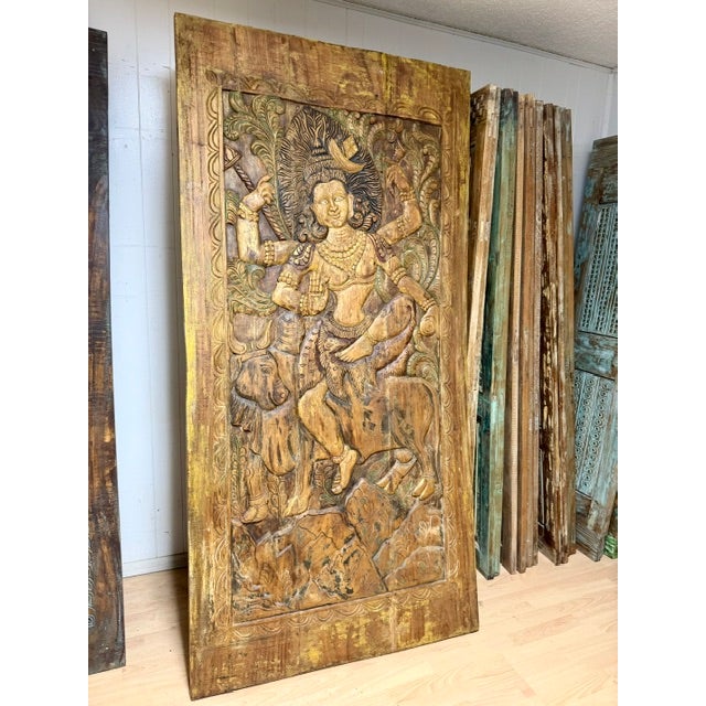 Vintage Hand-Carved Indian Deity Panel | Shiva & Goddess Wood Wall Art / Door Panel 84x41 For Sale - Image 4 of 11