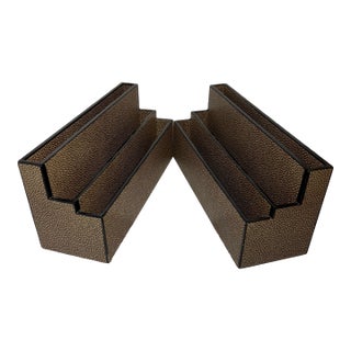 Vintage Dransfield & Ross Mid-Century Modern Faux Shagreen Leather Letter Holder Set in Brown, Circa 2000’s For Sale