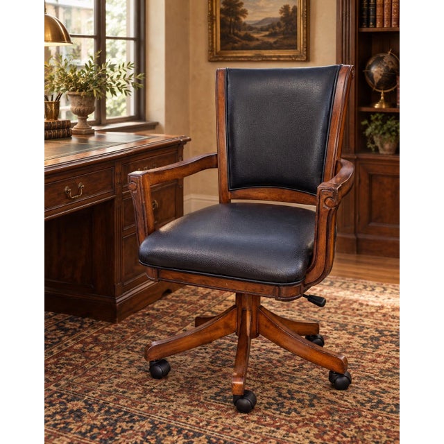 Black Vintage Traditional Black Leather Executive Swivel Desk Chair With Walnut Finish For Sale - Image 8 of 10