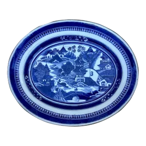 Antique Chinese Export Pottery Blue & White Willow Platter