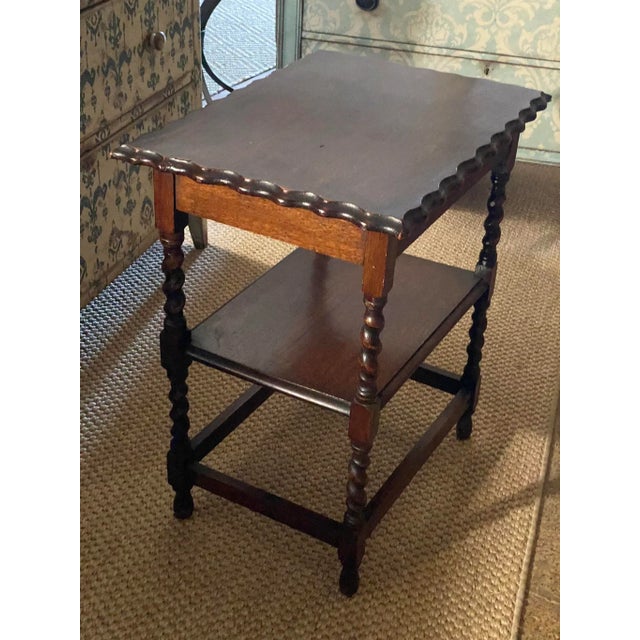 French Country 1930s English Barley Twist 2 Tier Scalloped Side Table For Sale - Image 3 of 12