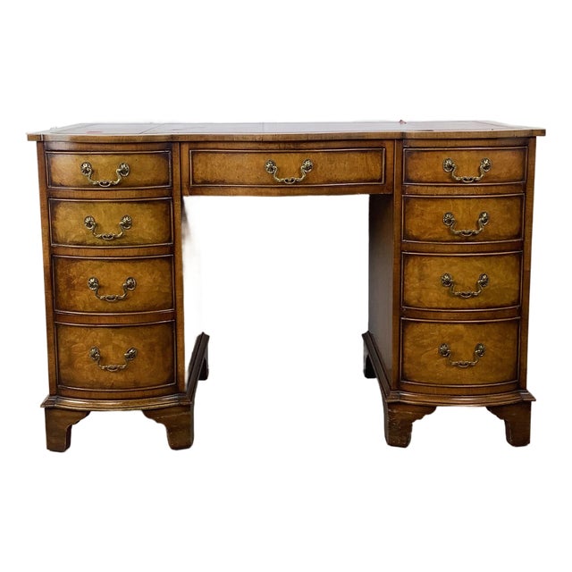 Vintage Queen Anne Style Burl Walnut Writing Desk With Serpentine Front and Leather Top For Sale
