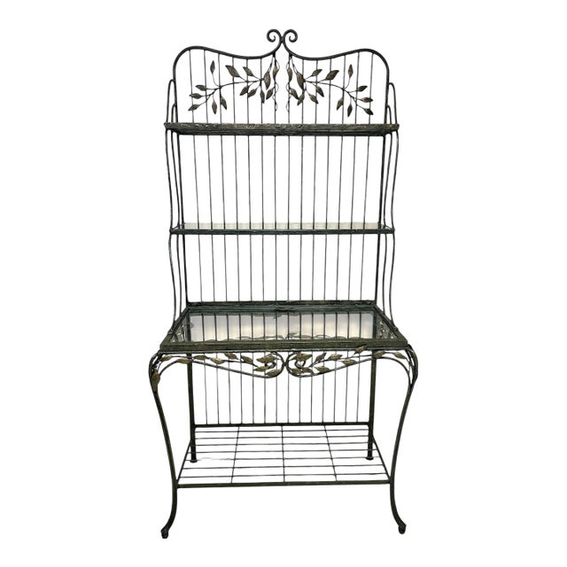 Vintage Designer Faux Bois Iron & Glass Etagere For Sale