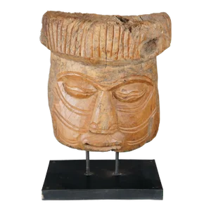 Early 20th Century Primitive Wooden Mesoamerican Style Hand Carved Mask Sculpture on Stand Statue