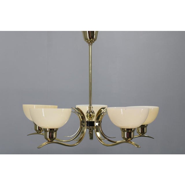 Art Deco Brass Chandelier with Cream Opaline Glass, Czechoslovakia, 1930s For Sale - Image 4 of 12