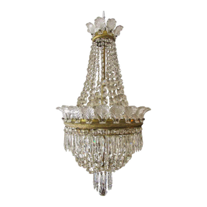 Hollywood Regency French Six-Light Crystal Chandelier W/ Glass Seashell Crowns