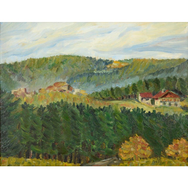 House in the Forest, Mid-Century German Landscape with Trees, 1937 Verdant mid-century landscape of a small mountain house...