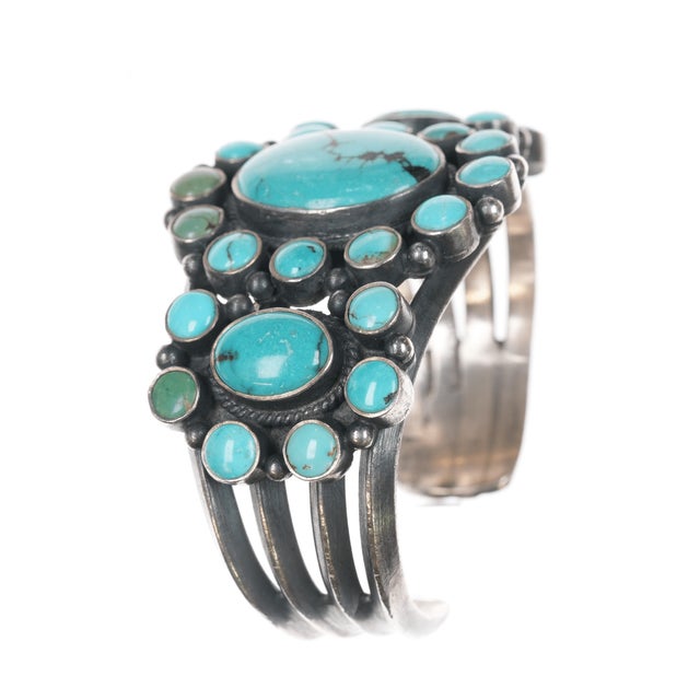 Late 20th Century 6.5" Db Heavy Native American Sterling Turquoise Cluster Cuff Bracelet For Sale - Image 5 of 11