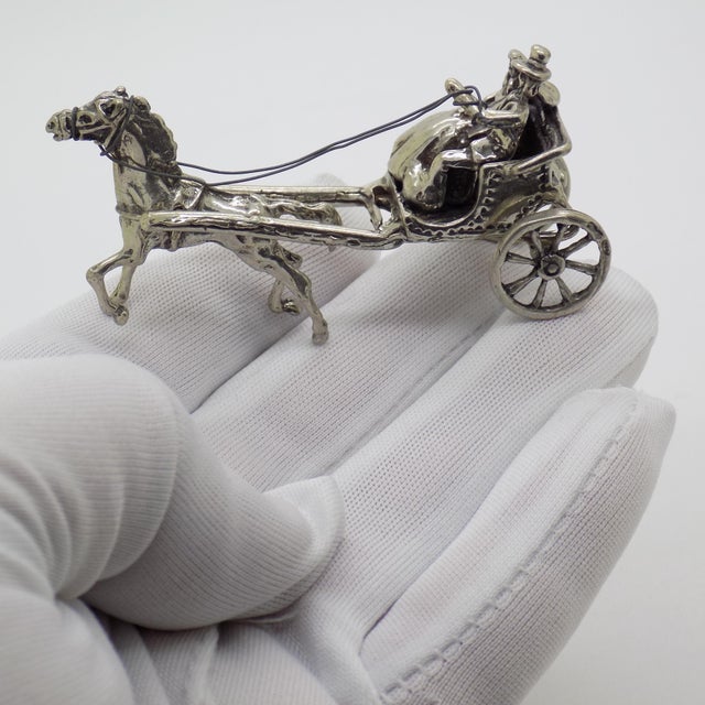A charming and storytelling vintage piece, this Italian miniature captures a romantic “just married” carriage scene in...