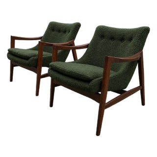 Modern Mid Century Style Lounge Chairs Solid Walnut Frames Green Chenille For Sale