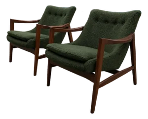 Modern Mid Century Style Lounge Chairs Solid Walnut Frames Green Chenille