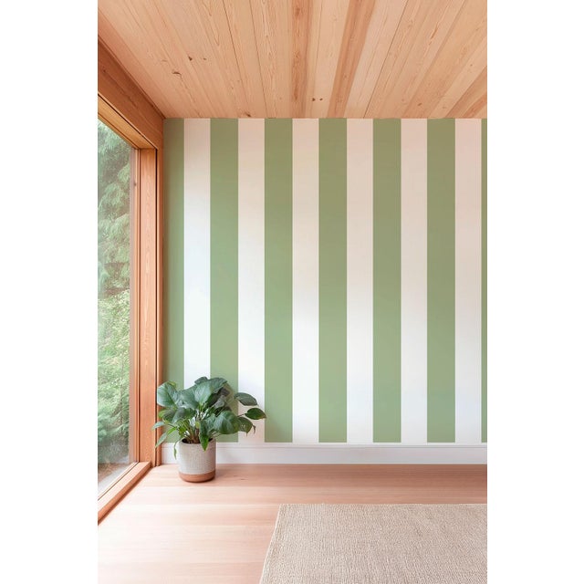 Textile Clubhouse Stripe Grasscloth Wallpaper by House Party | Trellis Green & White | 8 Yards For Sale - Image 7 of 9