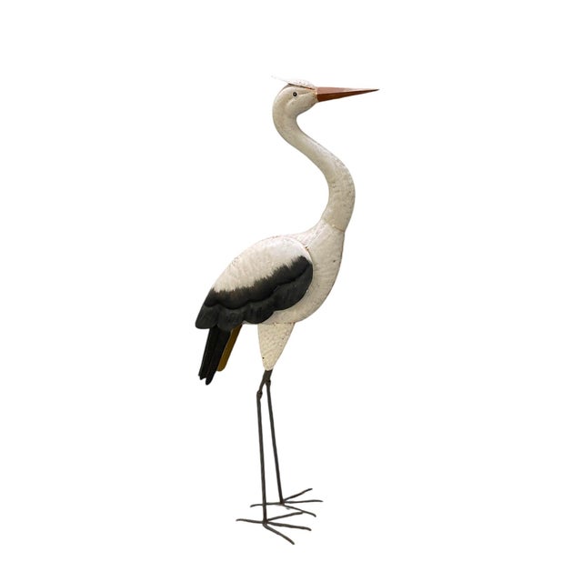 Folk Art Vintage Hand-Painted Sheet Metal Crane Garden Sculpture For Sale - Image 3 of 12