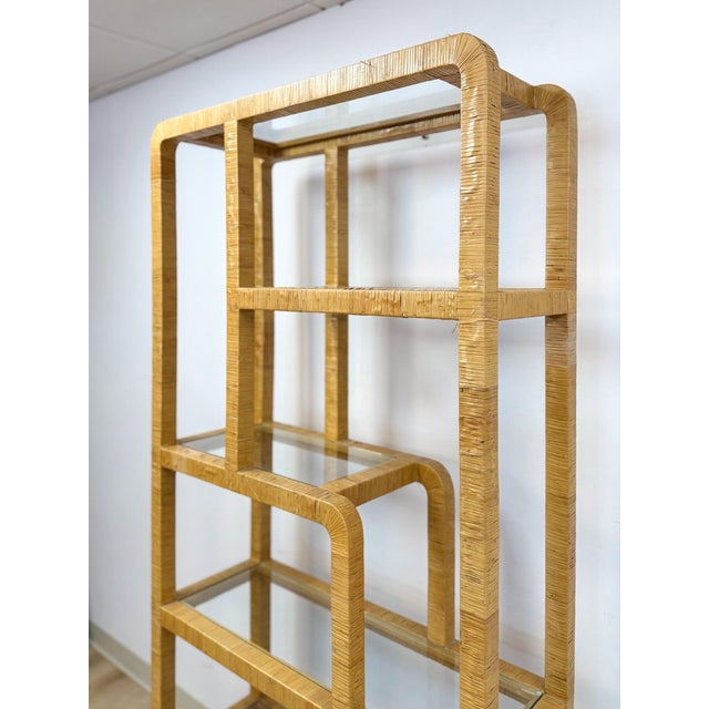 Beige Coastal Etagere Rattan Wrapped Milo Baughman Style Five Tier Glass Shelf MCM For Sale - Image 8 of 15