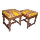 Antique Pierre Frey Upholstery Louis XIII Style Oak Ottomans - A Pair For Sale
