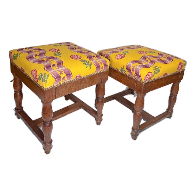 Antique Pierre Frey Upholstery Louis XIII Style Oak Ottomans - A Pair For Sale