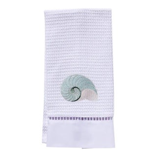 Striped Nautilus Aqua Guest Towel, White Waffle Weave, Ladder Lace, Embroidered For Sale