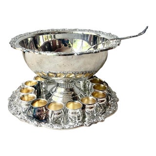 1980s F.B. Rogers Silverplate Massive Punch Bowl Set, 12 Cups Plate Ladle Bowl - 15 Piece For Sale