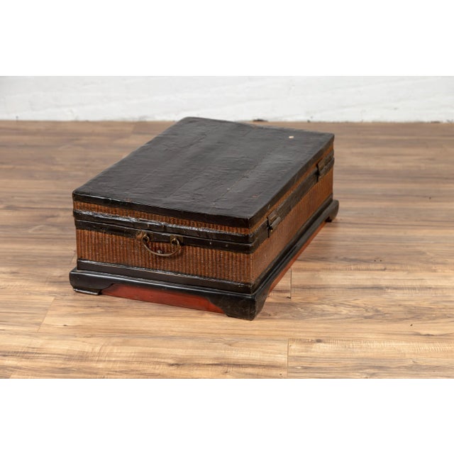 Chinese 1900s Wooden Treasure Chest With Rattan Accents and Dark Brass Hardware For Sale - Image 4 of 13
