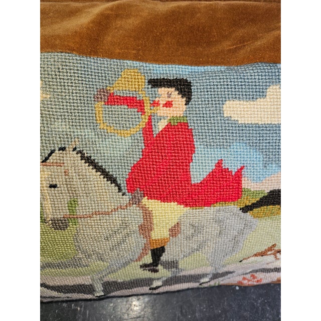 Vintage Hand Done Needlepoint Pillow With Fox Hunting Scene Tally Ho! For Sale - Image 4 of 4