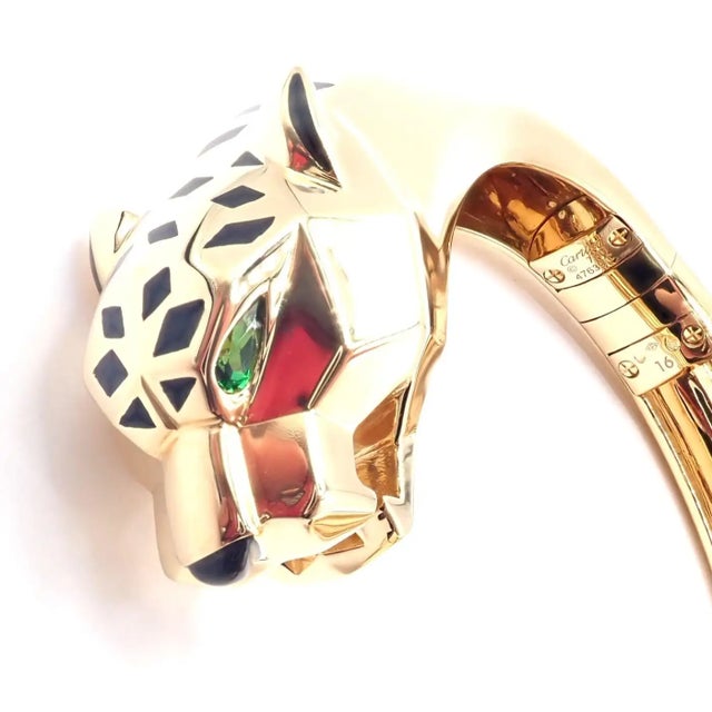 Cartier Panther Panthere Tavorite Onyx Yellow Gold Size 16 Bangle Bracelet For Sale - Image 9 of 13