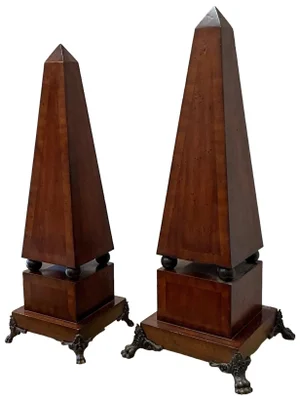 20th-C. Neo-Classical Style Inlaid Mahogany and Bronze Obelisks - S/2