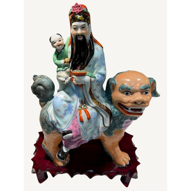Vintage Chinese Porcelain Immortal W/Child Riding Foo Lion Statue 15" Mark 082 For Sale - Image 4 of 16