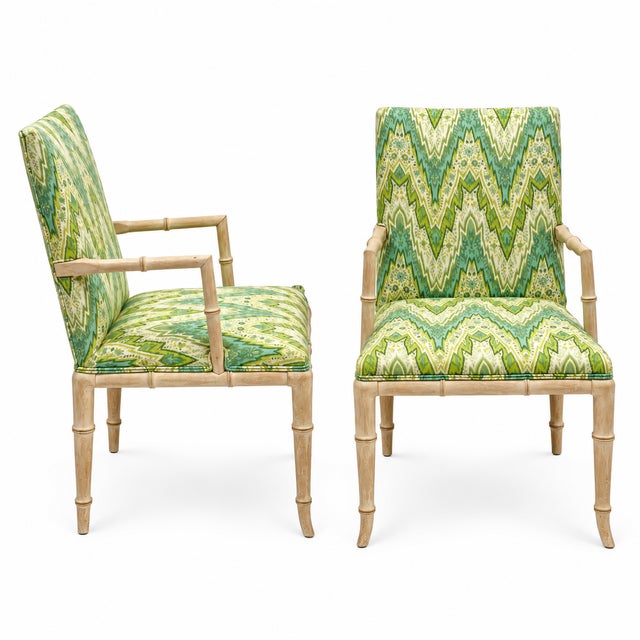 Wood Regency Style Cerused Pine Faux Bamboo Bergere Chairs in Chevron - Pair For Sale - Image 7 of 8