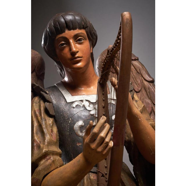 Antique Hand-Painted Wooden Angel and Harp Sculpture For Sale - Image 3 of 11