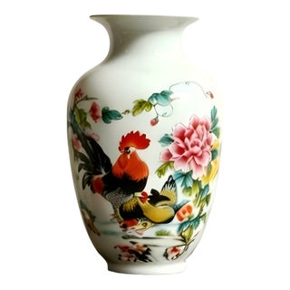 Chinese Ceramic Vase Qianlong Marked Famille Rose Porcelain Vase Hand Painted Cock Pattern For Sale