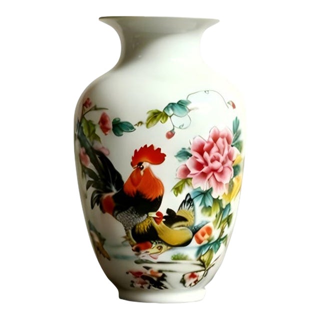 Chinese Ceramic Vase Qianlong Marked Famille Rose Porcelain Vase Hand Painted Cock Pattern For Sale