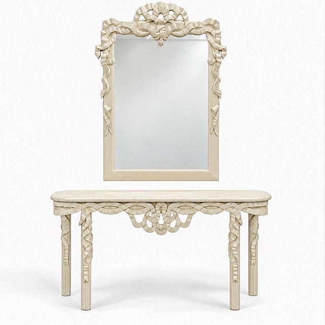 Hollywood Regency Style Italian Carved Ribbon Mirror & Stone Console Table For Sale - Image 10 of 10