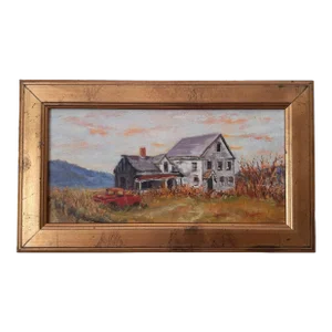 Vintage Farmhouse Red Truck Landscape Painting Artist Signed Drakiotes