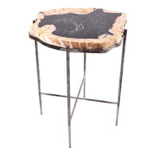 Living Edge Petrified Wood Top W Iron Stand Accent Table or Side Table 43 For Sale