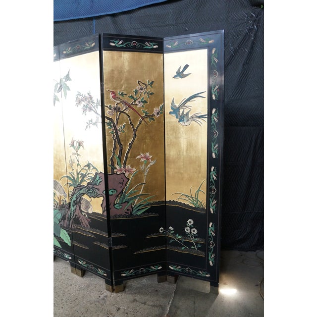 Late 20th Century Chinese Export 8 Panel Coromandel Gold Leaf Lacquer Folding Screen Room Divider For Sale - Image 5 of 18