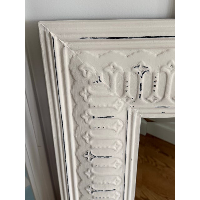 Large white painted mirror with distressed detailing. Painted in Annie Sloan white chalk paint. Ready to hang vertically...