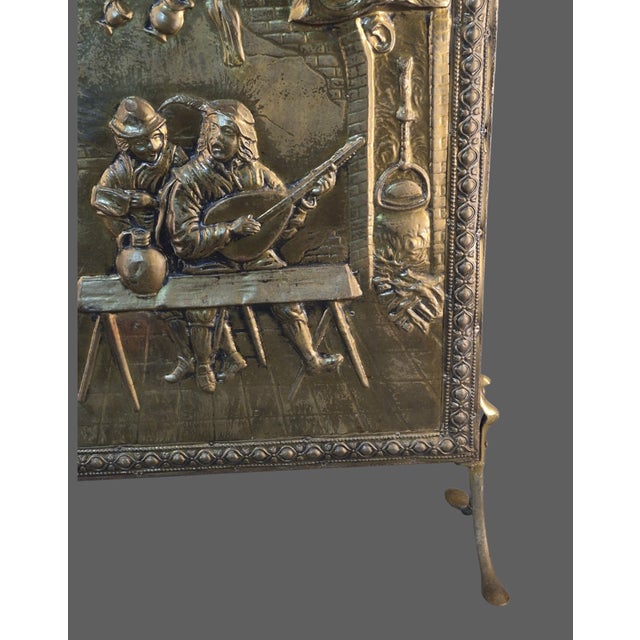Antique Stamped Repousse Brass Figural Tavern Scene Fireplace Screen For Sale - Image 4 of 13