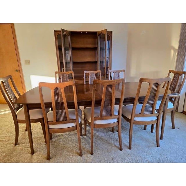 Mid 20th Century The Halle Bros Mid Century Modern Walnut Cane Back Dining Room Set 8 Chairs For Sale - Image 17 of 18