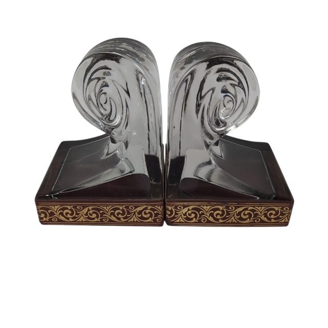 1980s VTG Art Deco Style Clear Glass Scroll / Wave Bookends Pair Set Heavy For Sale - Image 5 of 12