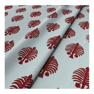 Penny Morrison Gobi Red on Sky Blue Linen Fabric - 2+ Yards For Sale