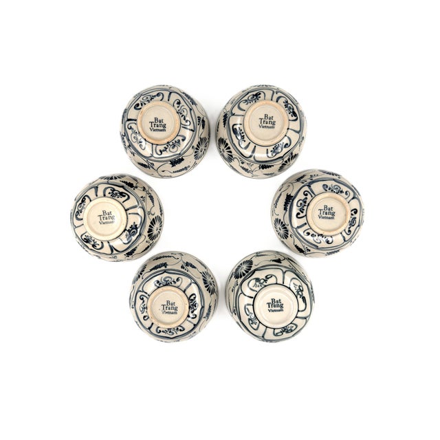 Blue Set of 6 Bat Trang Blue Vietnamese Stoneware Ceramic With Hand Painted Floral Motif For Sale - Image 8 of 8