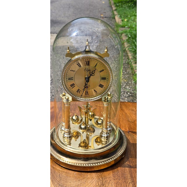 Vintage Elgin Anniversary Mantel Clock With Glass Dome, Brass Finish & Rotating Pendulum For Sale - Image 11 of 17