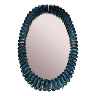 Mid-Century Style Italian Oval Mirror in Murano Glass and Brass, 2000 For Sale