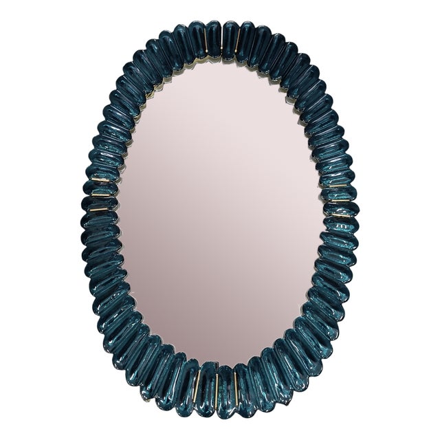 Mid-Century Style Italian Oval Mirror in Murano Glass and Brass, 2000 For Sale