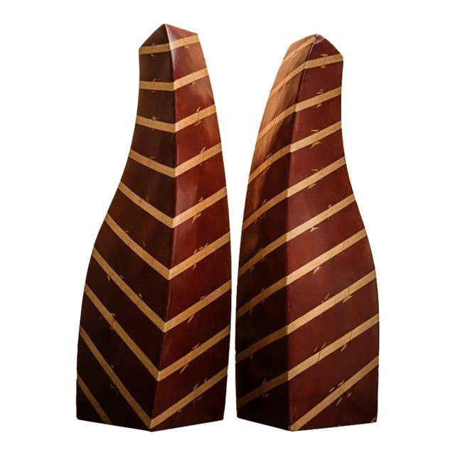 F-006 Pair of Mid-Century Modern Abstract Carved Bamboo Sculptures in Oxblood For Sale